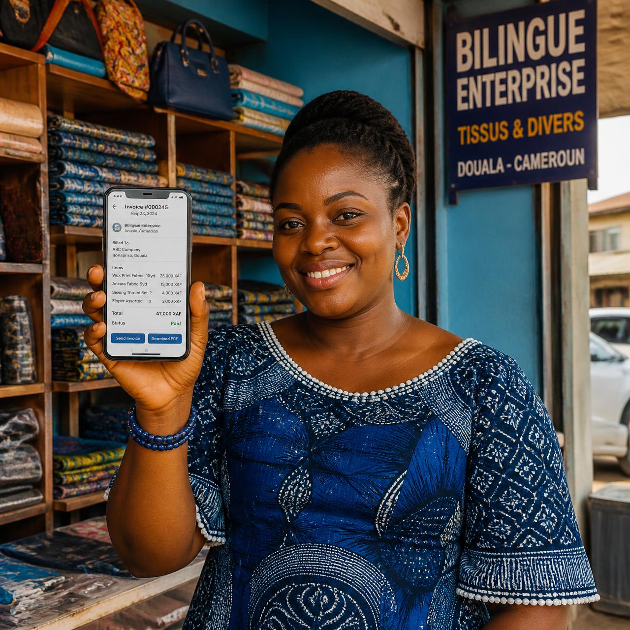 Shop owner in Douala showing an invoice on her phone